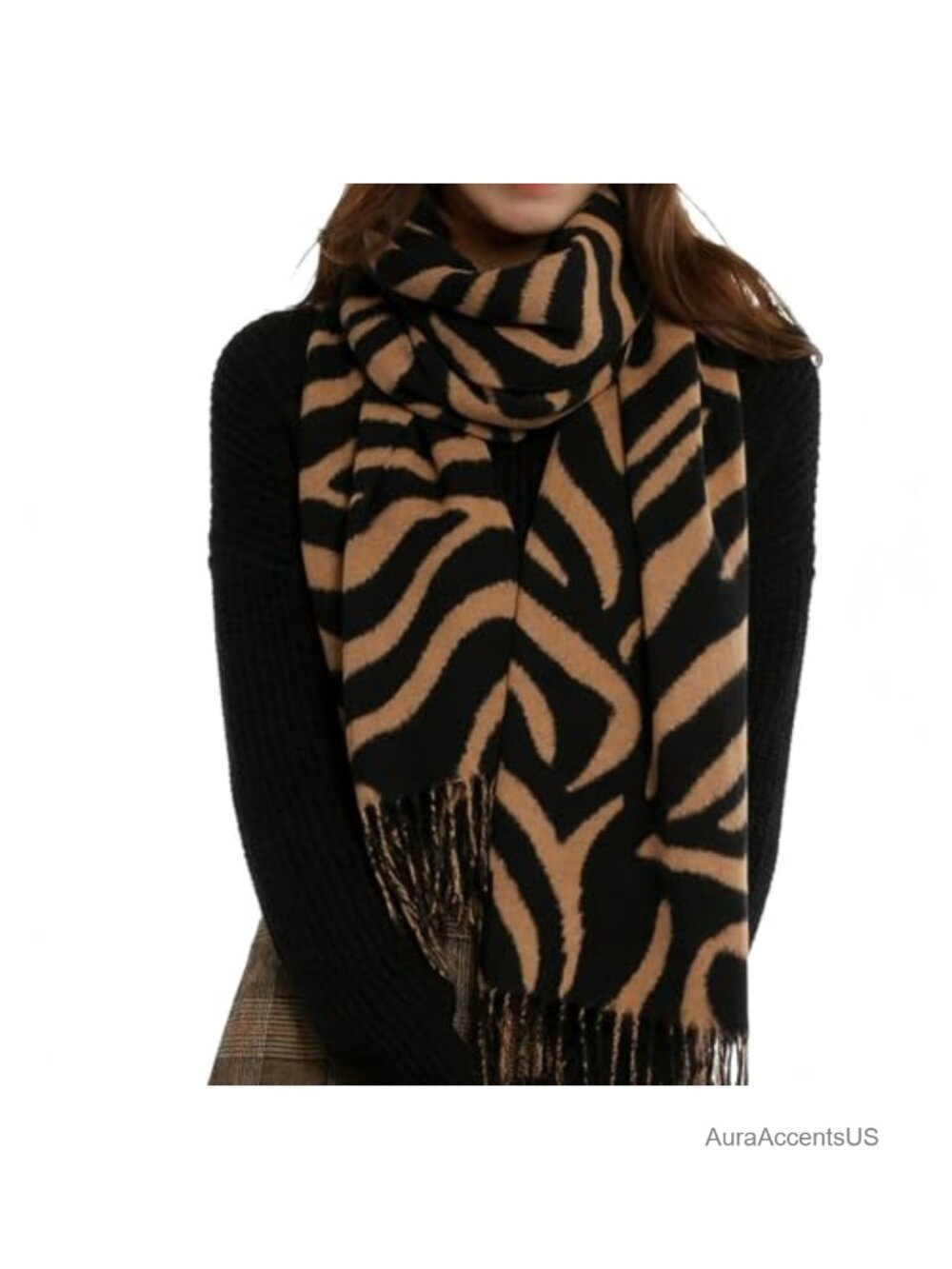 Warm Winter Zebra Print Shawl Wrap Scarf with Tassels, Cozy Blanket Scarf
